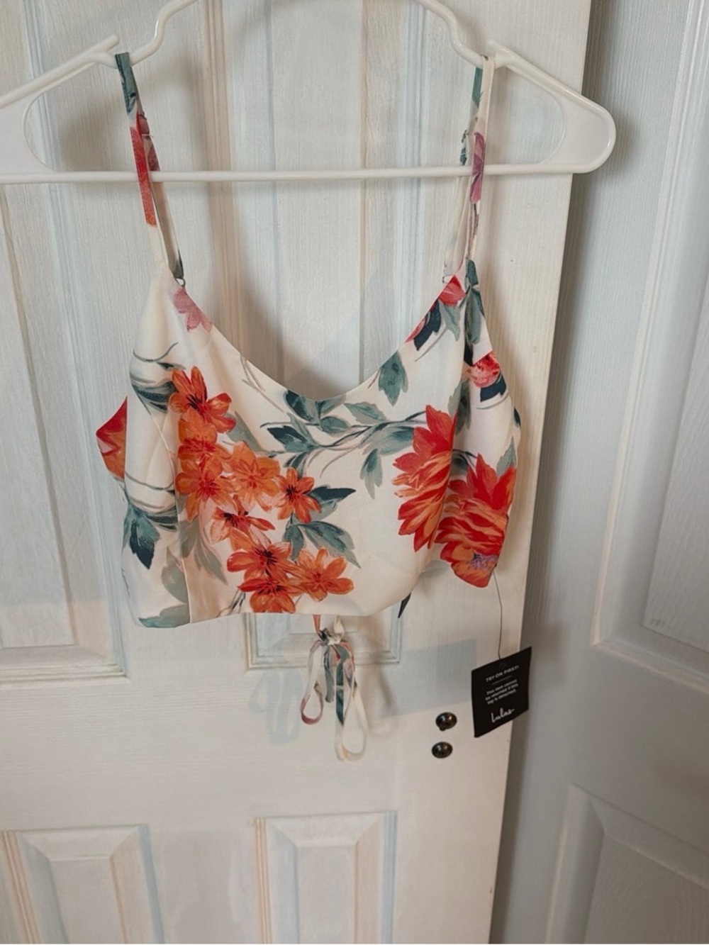 Lulu's White Floral Tie-Front Cami with Orange & Green Print